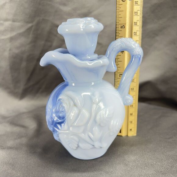 Vintage 1978 Avon Blue Milk Glass Victorian Style Pitcher Perfume Bottle w/Lid - Picture 2 of 8